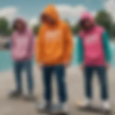 A vibrant skate park scene showcasing skaters in colorful discount hoodies.