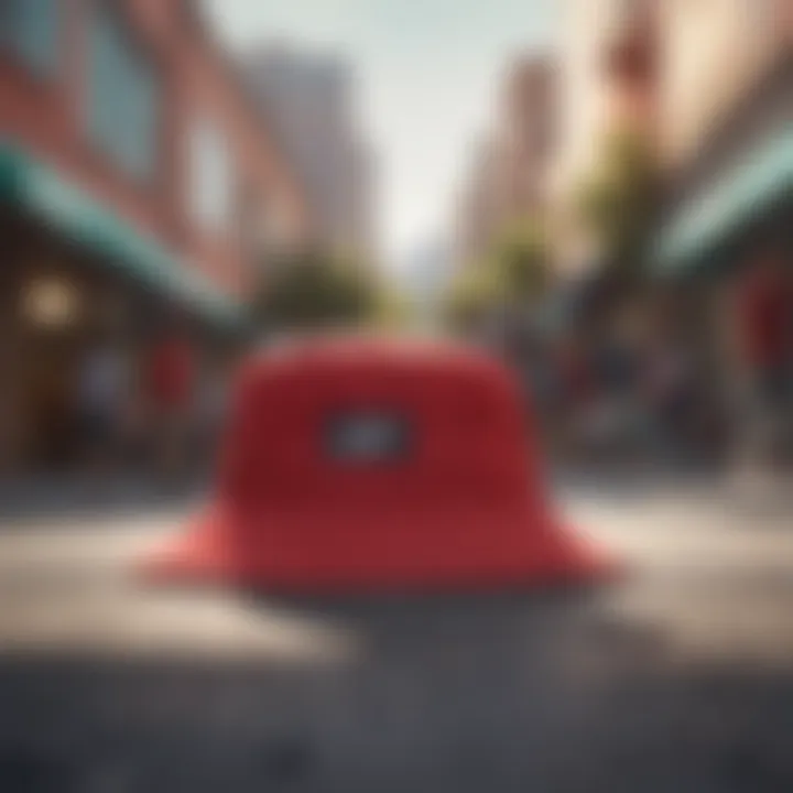 A vibrant red bucket hat worn by a skateboarder on a sunny day.