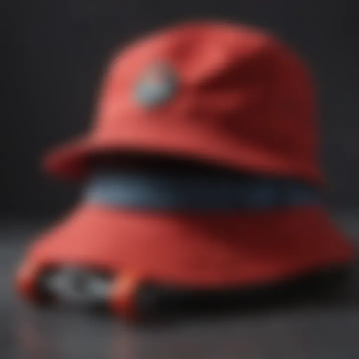 A skateboard resting on a red bucket hat, symbolizing the blend of fashion and sport.