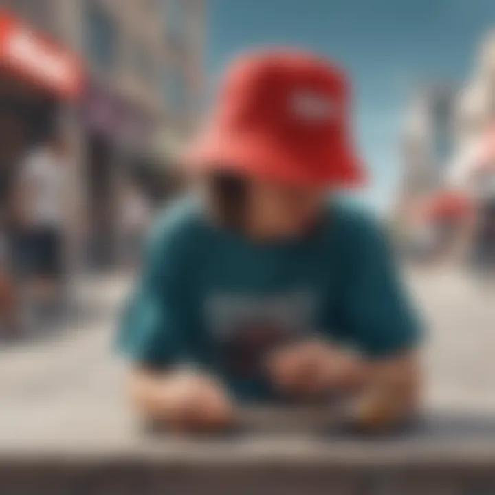 A group of skaters showcasing different styles of bucket hats in an urban environment.