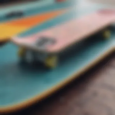 Close-up of skateboard slides on a colorful board