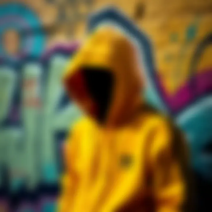 Art Meets Fashion: Yellow Adidas Hoodie and Graffiti Artistic shot of yellow Adidas hoodie against a colorful graffiti wall