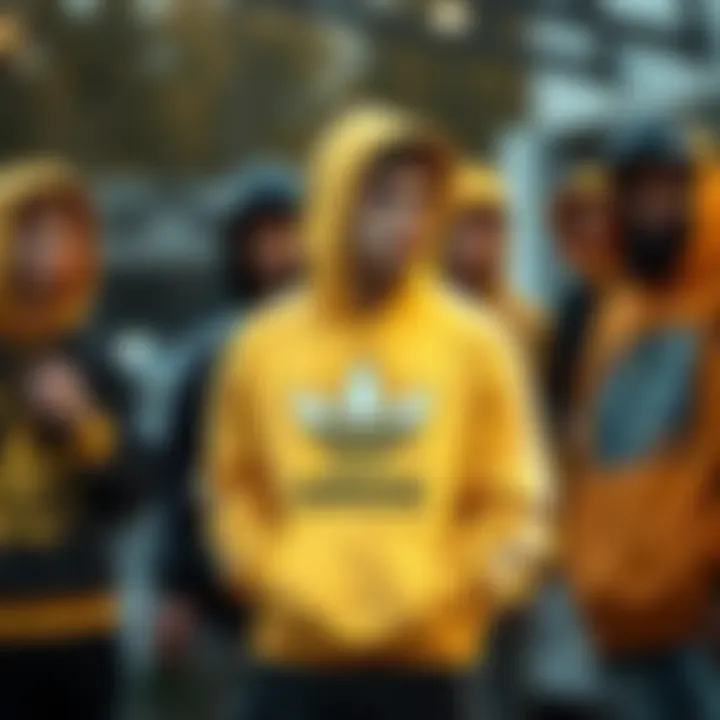 Collective Style: Yellow Adidas Hoodie in Skate Culture A group of skateboarders wearing stylish outfits, including the yellow Adidas hoodie