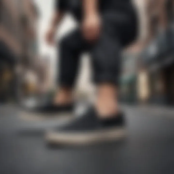 Skateboarder performing tricks while wearing all-black slip-on Vans