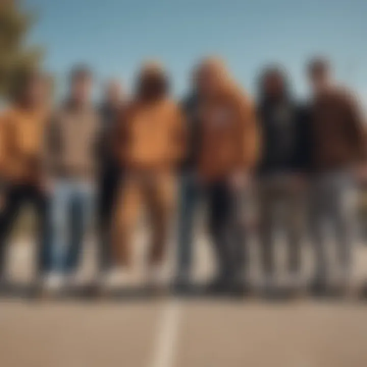 Group of skaters in casual attire, showcasing diverse styles alongside brown hooded sweatshirts