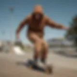 A brown hooded sweatshirt worn by a skater performing tricks at a skatepark