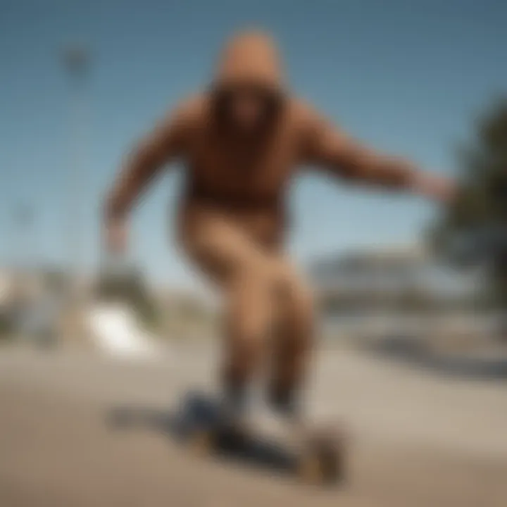 A brown hooded sweatshirt worn by a skater performing tricks at a skatepark