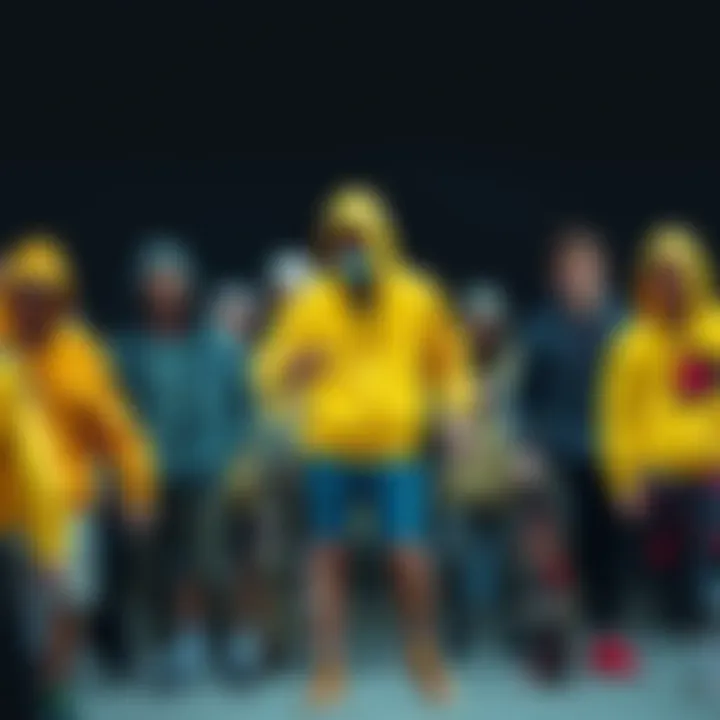 Diverse Styling in Skate Culture A group of skaters gathered, each showcasing unique styling with yellow zip-up hoodies