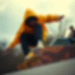 A skater performing tricks in a vibrant yellow zip-up hoodie