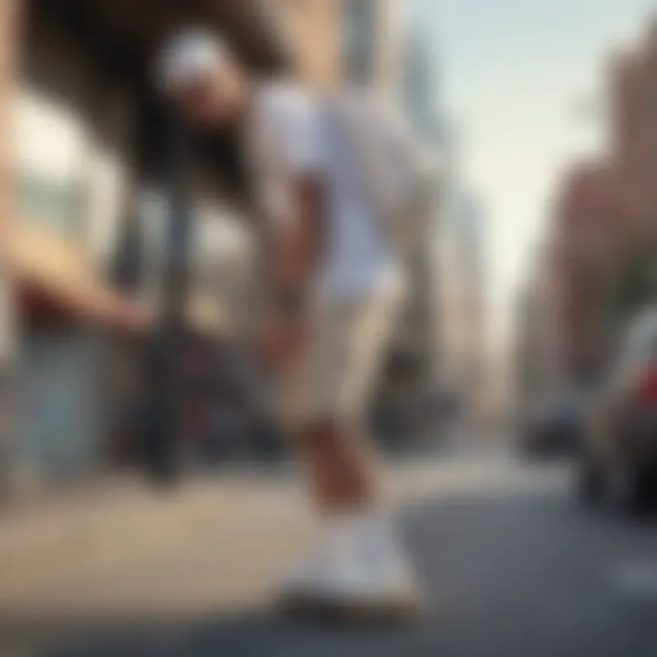 A skateboarder wearing the white Herschel fanny pack in an urban setting.