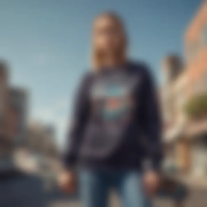 Trendy skate fashion featuring crew neck sweatshirts paired with skateboards.