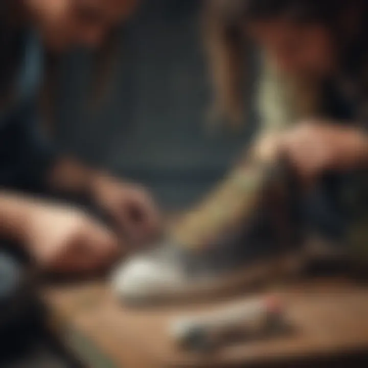 Skater tying Rasta shoelaces on their board