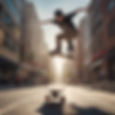 A wide-angle shot of a skateboarder performing a trick in mid-air, showcasing dynamic motion.