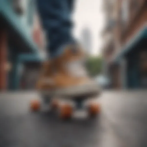 Wide skate shoes on a skateboard