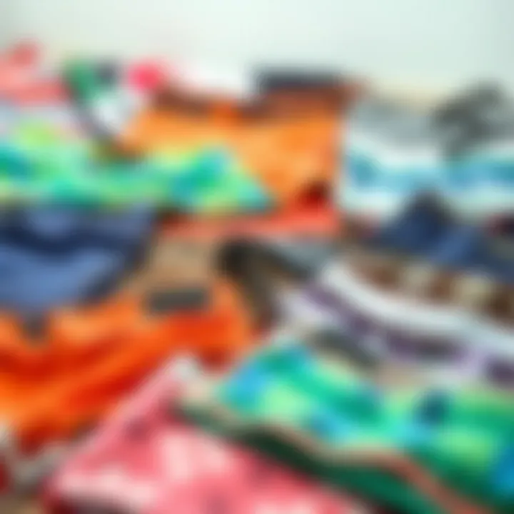 Assorted Designs of Board Swim Shorts An assortment of board swim shorts laid out displaying various colors and designs, highlighting contemporary trends.