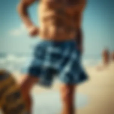 Stylish Beachwear with Board Swim Shorts A stylishly dressed individual on a beach wearing board swim shorts, epitomizing the blend of style and functionality.