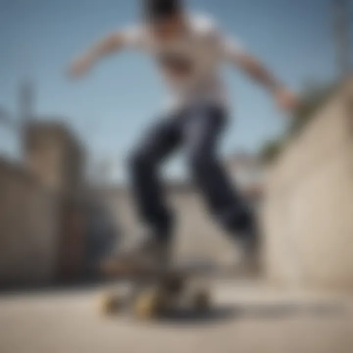 Skateboarder performing tricks while wearing Dickies pants