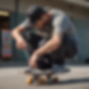 Skater maintaining grip tape, demonstrating cleaning techniques.