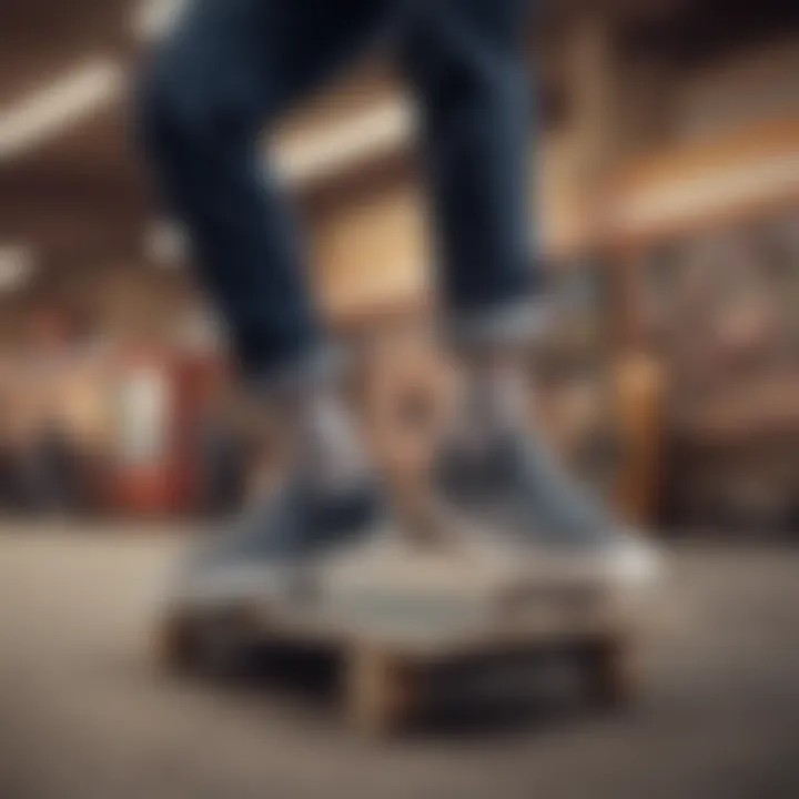 A skateboarding enthusiast’s feet in slip-on shoes while performing tricks