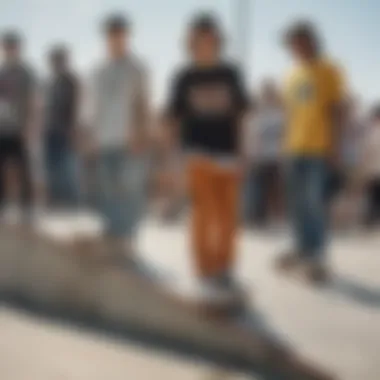 A group of skaters showcasing diverse fashion trends at a skate park