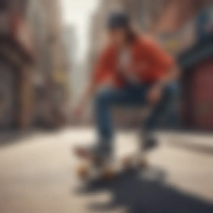 A skateboarder demonstrating street style on a vibrant urban backdrop