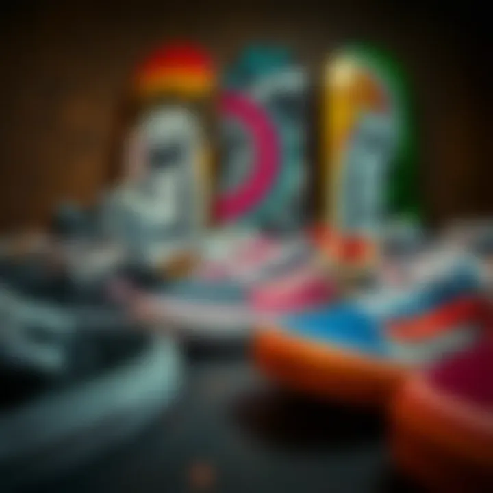 A collection of Vans Tri Color shoes displayed with skateboards