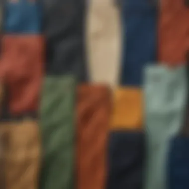 A collection of high waisted Dickies in various colors and styles neatly arranged.