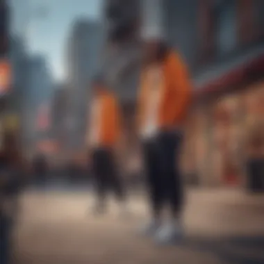 A vibrant street scene featuring a group of individuals expressing their unique styles influenced by Nike streetwear.