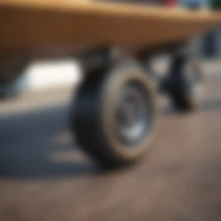 Close-up of long board wheels and deck showcasing quality materials.