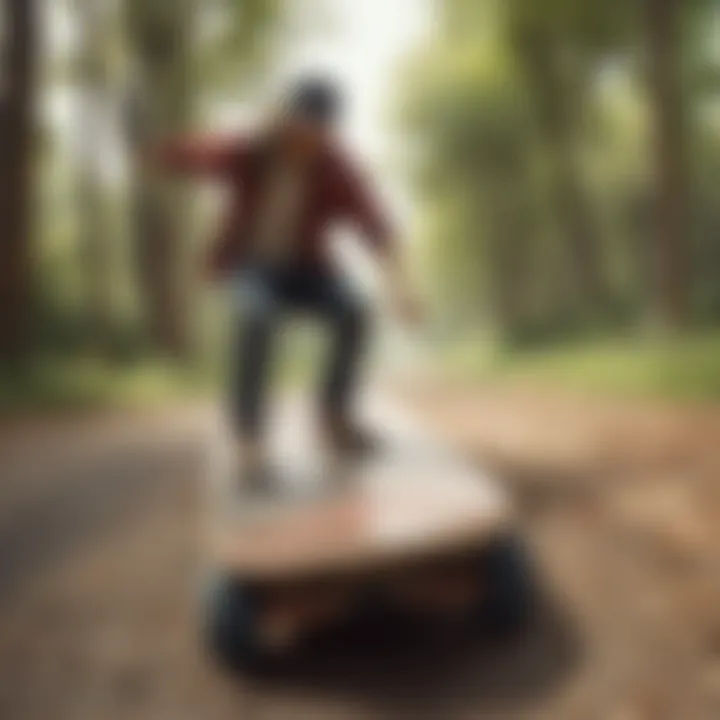 A scenic view of a long boarder riding through a park.