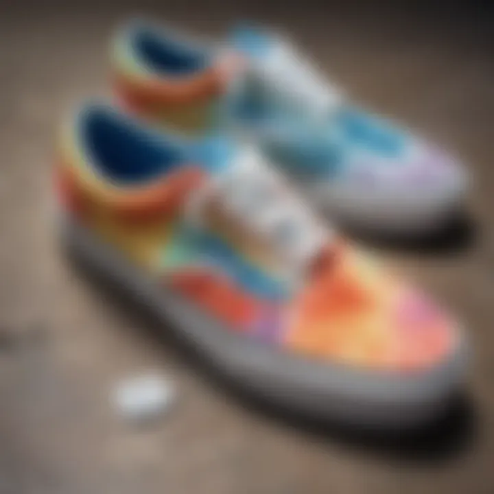 A close-up of vibrant tie-dye patterns on Vans sneakers