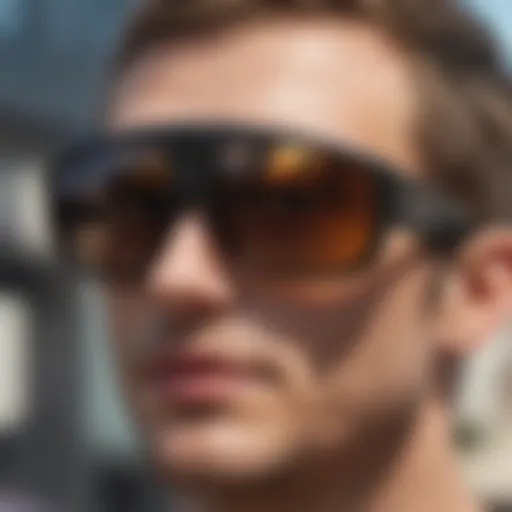 Close-up of wraparound sunglasses designed for skateboarding