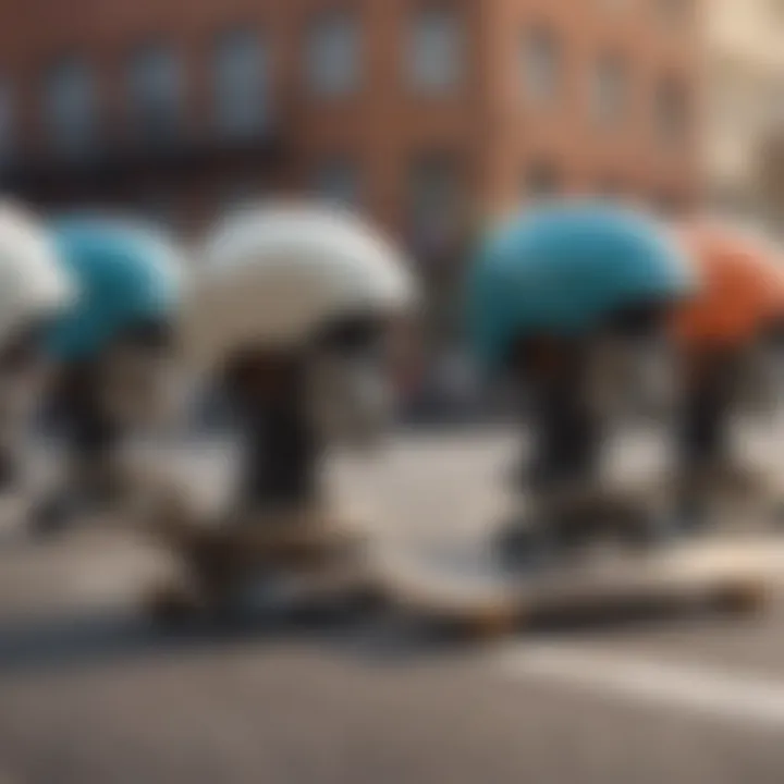 A group of skaters wearing XL helmets, engaged in a dynamic skateboarding session.